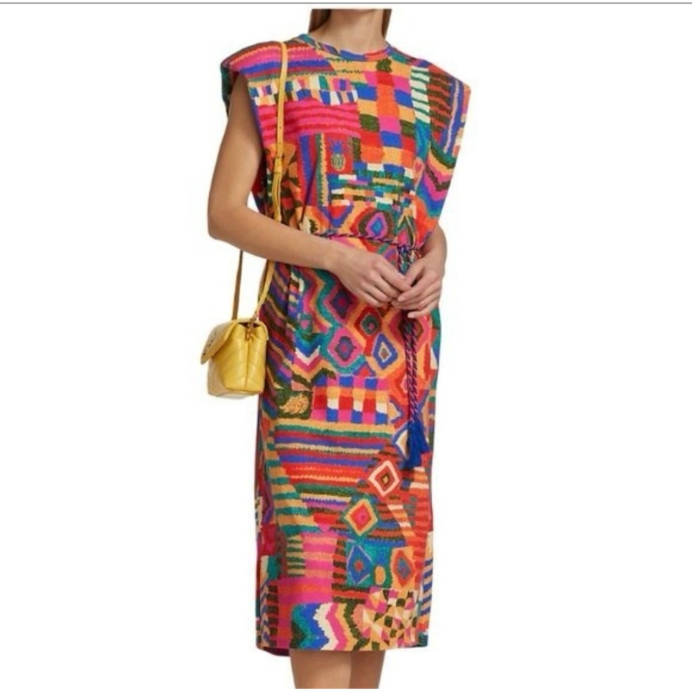 Farm Rio Patchwork Print Sleeveless Midi Dress Multi-Color Braided Tassel Belt - Picture 9 of 12